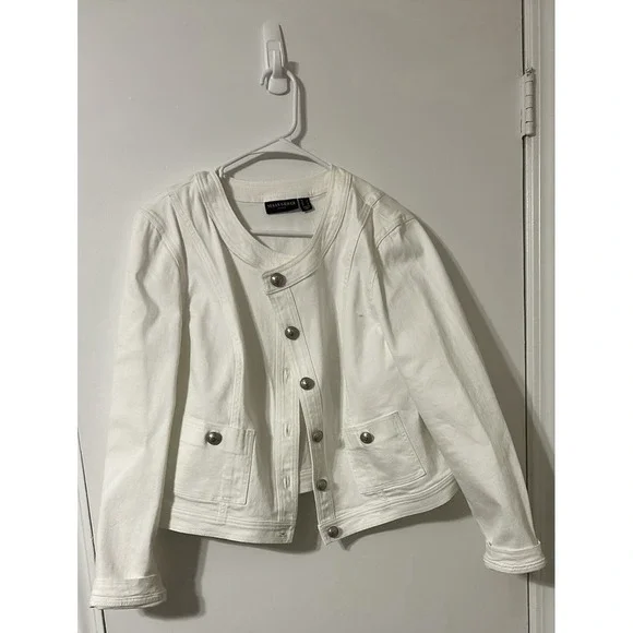 Susan Graver Stretch Denim Collarless Jacket w/Patch Pockets - Women's L - White - Picture 1 of 8